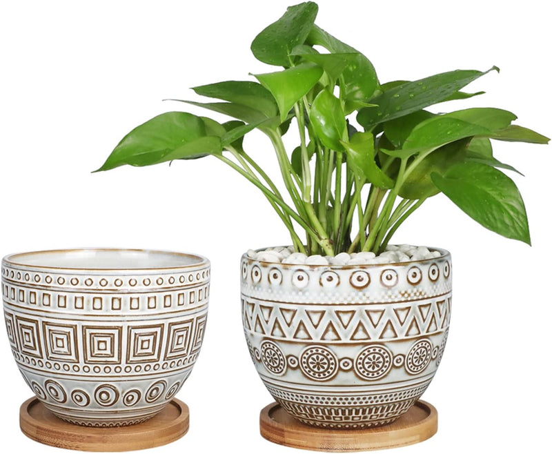 5.5In Geometry Ceramic Planter Large round Succulent Planter Flower Pot Indoor and Outdoor Brown Set of 2 - Puck's