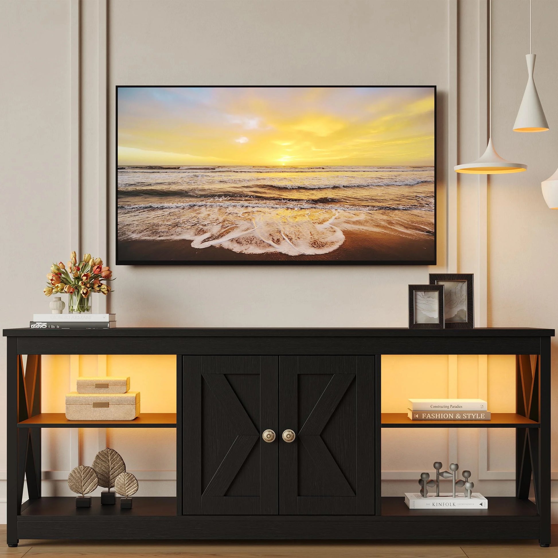Black TV Stand for 65 Inch TV, Modern TV Cabinet with LED Light - Puck's