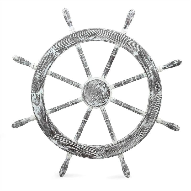 30" Antique White Nautical Decorative Premium Pine Wood Ship Wheel | Captain Maritime Beach Home Decor Gift - Puck's