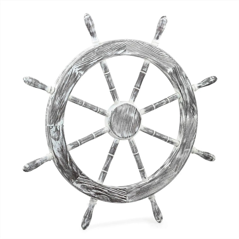 30" Antique White Nautical Decorative Premium Pine Wood Ship Wheel | Captain Maritime Beach Home Decor Gift - Puck's