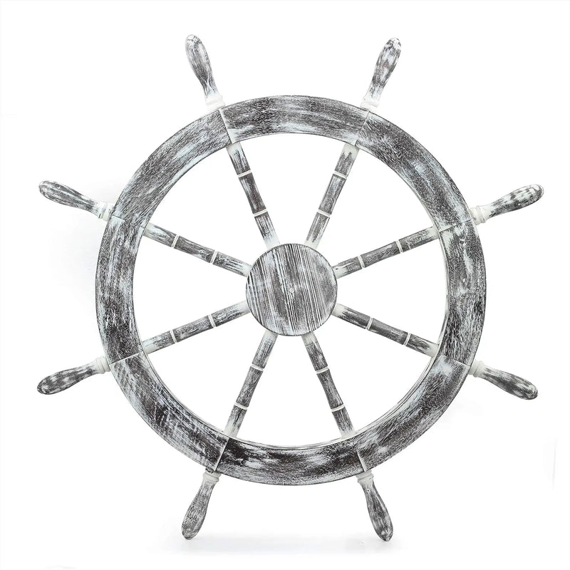 30" Antique White Nautical Decorative Premium Pine Wood Ship Wheel | Captain Maritime Beach Home Decor Gift - Puck's