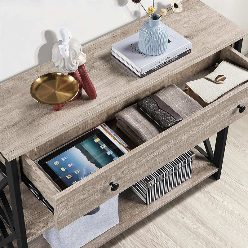 Console Table with Drawer, Entryway Table with 3 Tier Storage Shelves, Narrow Long Sofa Table for Entryway, Living Room, Hallway, Couch, Kitchen, Metal Frame, Gray - Puck's