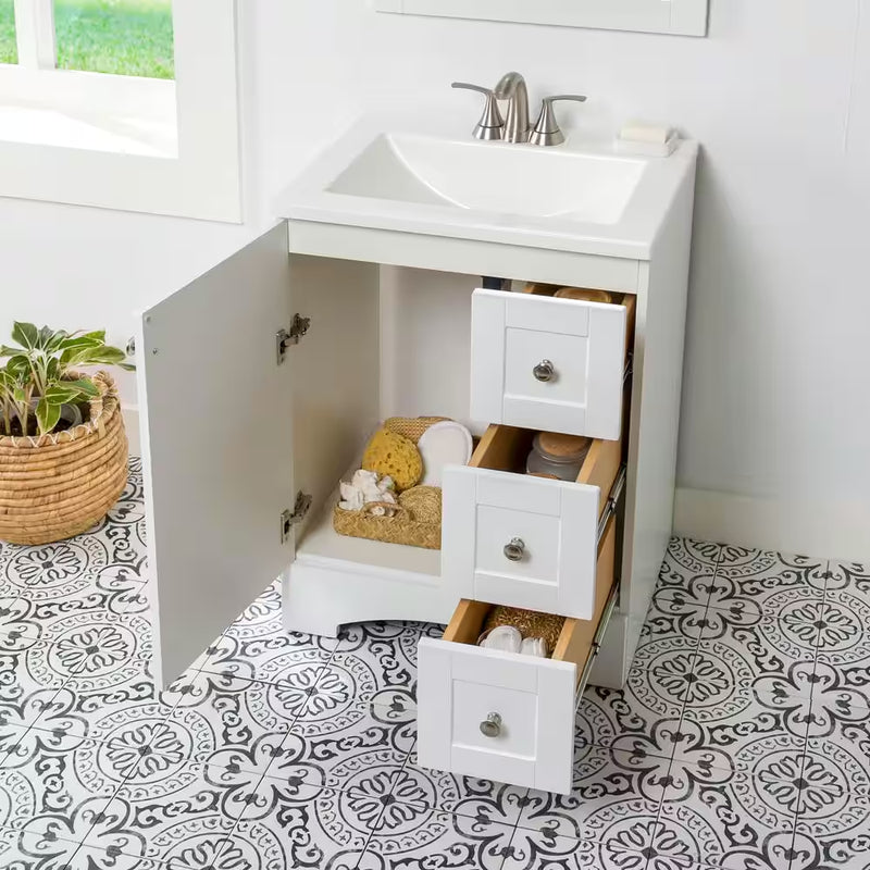Lancaster 25 In. W  Single Sink White Bath Vanity with White Cultured Marble Top (Assembled) - Puck's