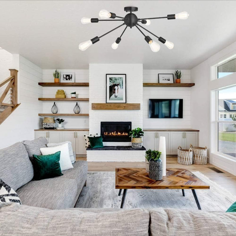 Sputnik Chandelier 8 Lights Semi Flush Mount Ceiling Light Modern Pendant Light Fixture, Black, Bedroom Dining Room Kitchen Living Room - Puck's