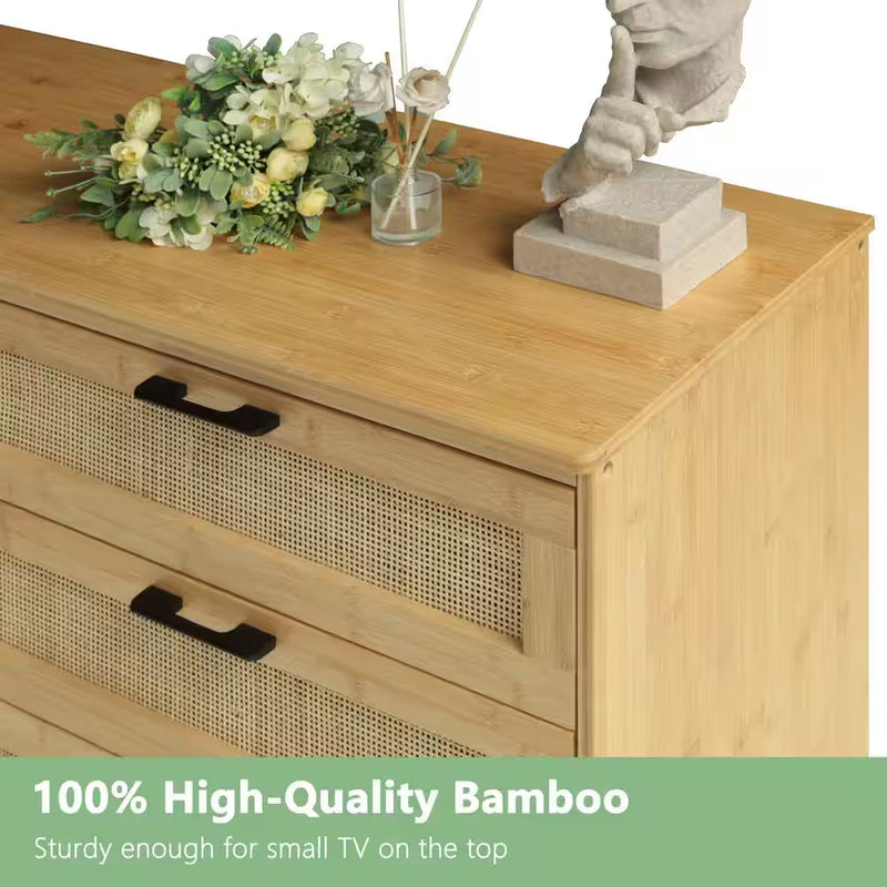 Gele bamboe 6-ladenkast 47.4 In. B Commode Rotan met Unieke Basis (29.7 In. H X 15.8 In. L) - Puck's