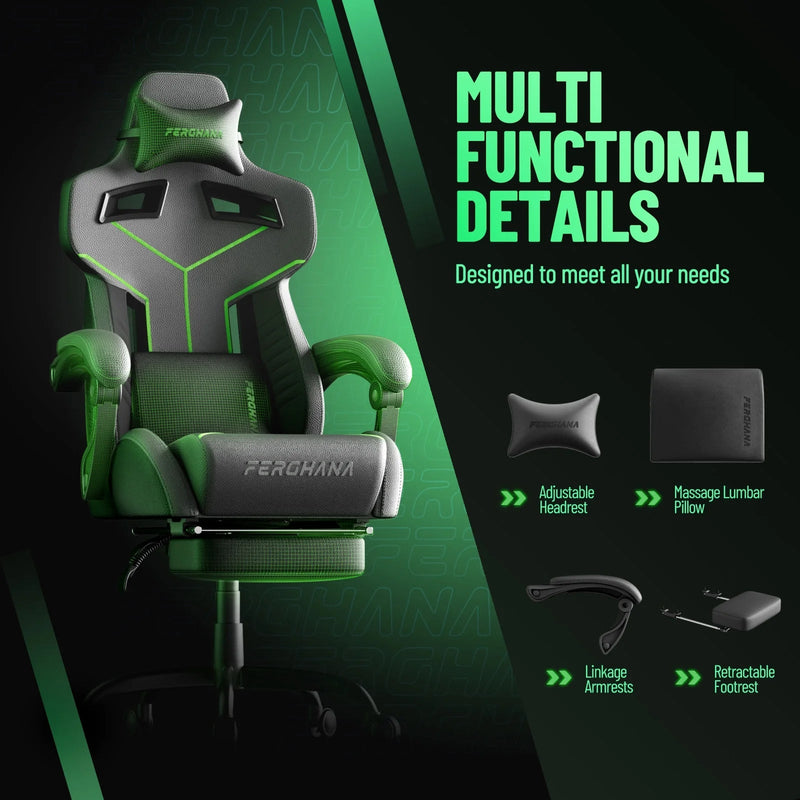 Grey Gaming Chair with Footrest, Ergonomic Computer Chair with Adjustable Height, Leather Office Chair with Massage Lumbar Support, Video Game Gamer Chair for Adults - Puck's