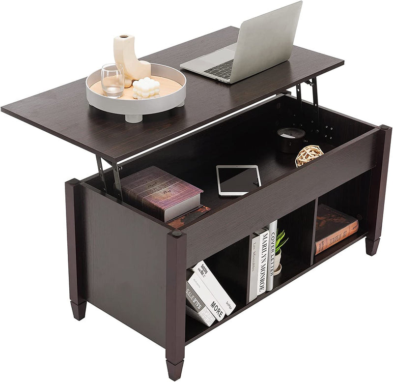 Lift Top Coffee Table, Coffee Table Converst to Dining Table Lift up Coffee Table Espresso Coffee Table Walnut Coffee Table, Coffee Table Lift Top with Hidden Compartment/3 Open Shelves - Puck's