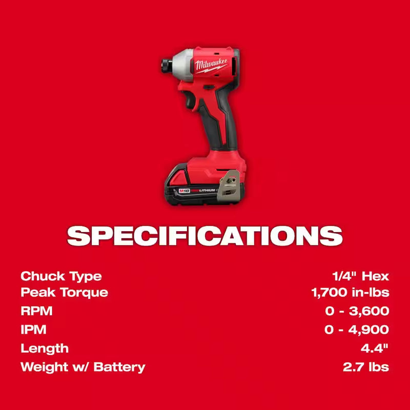 M18 18-Volt Lithium-Ion Compact Brushless Cordless 1/4 In. Impact Driver Kit with One 2.0 Ah Battery, Charger & Tool Bag - Puck's