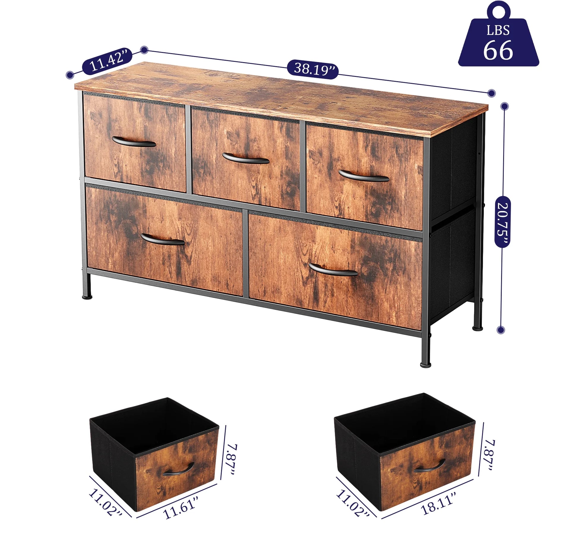 5 Drawer Dresser, Wide Chest of Drawers Nightstand Storage Tower Storage Dresser Fabric Dresser with Wood Top for Living Room, Bedroom, Hallway, Rustic Brown - Puck's