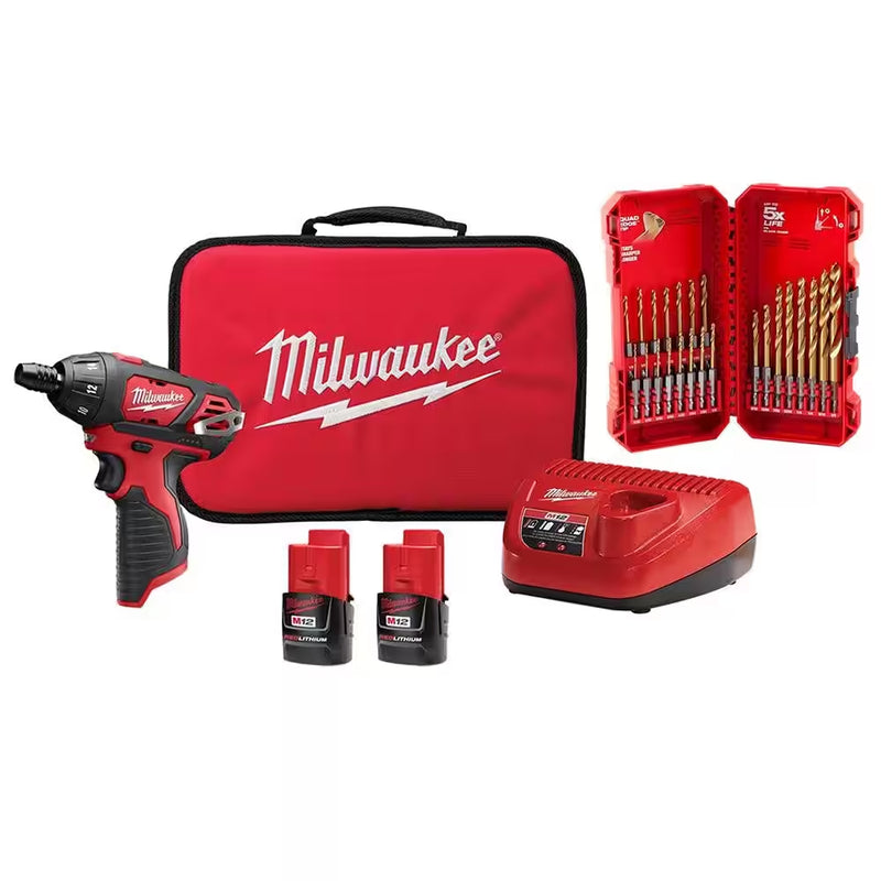 M12 12V Lithium-Ion Cordless 1/4 In. Hex Screwdriver Kit W/ Shockwaveimpact Duty Titanium Drill Bit Set (23-Piece) - Puck's