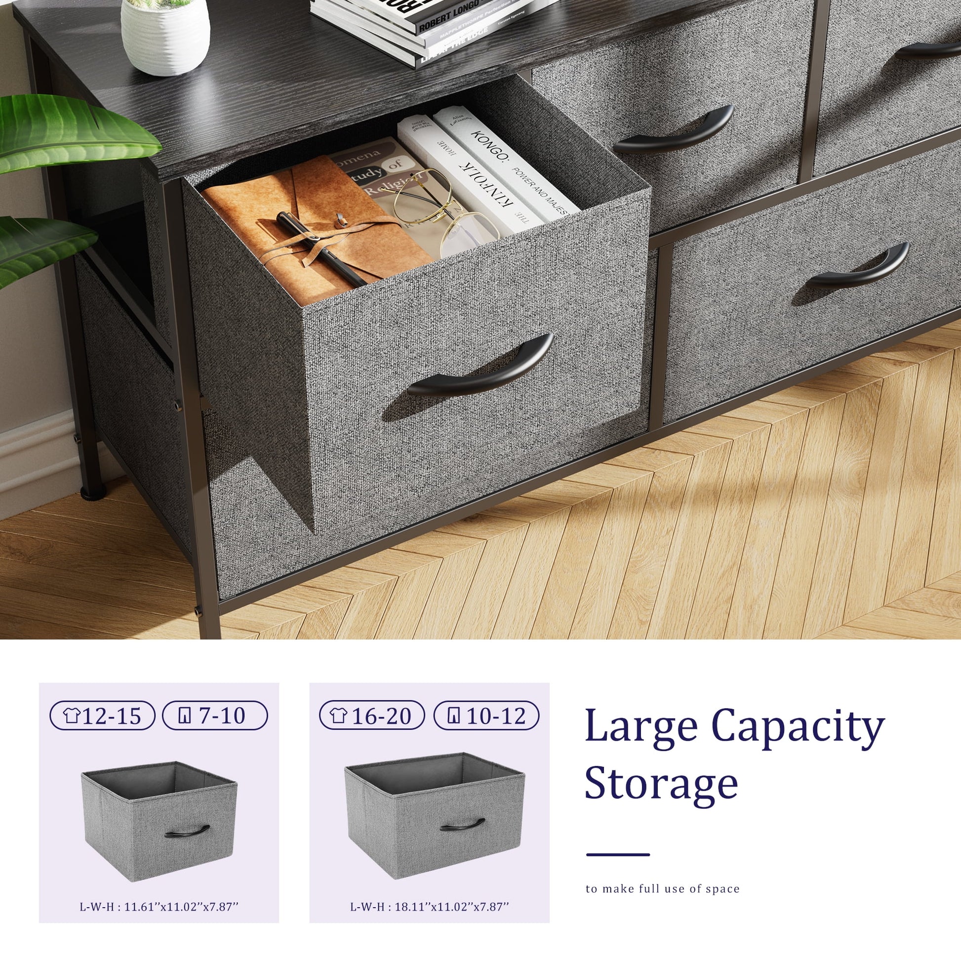 5 Drawer Dresser, Wide Chest of Drawers Nightstand Storage Tower Storage Dresser Fabric Dresser with Wood Top for Living Room, Bedroom, Hallway, Grey - Puck's
