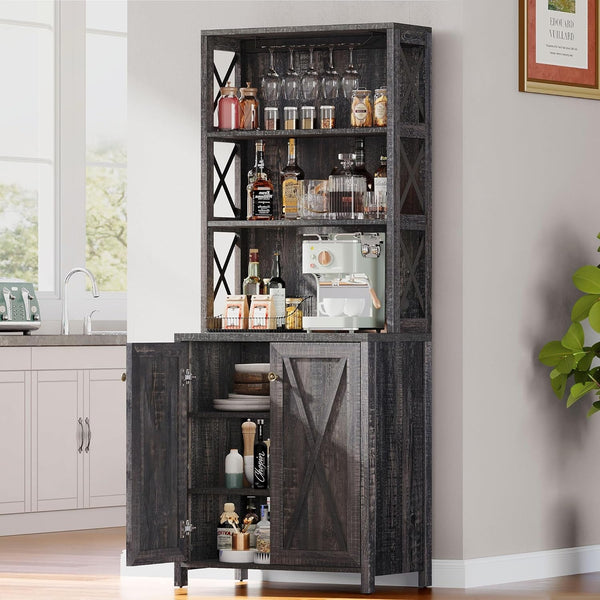 67" Tall Wine Bar Cabinet for Liquor and Glasses, Farmhouse Kitchen - Puck's