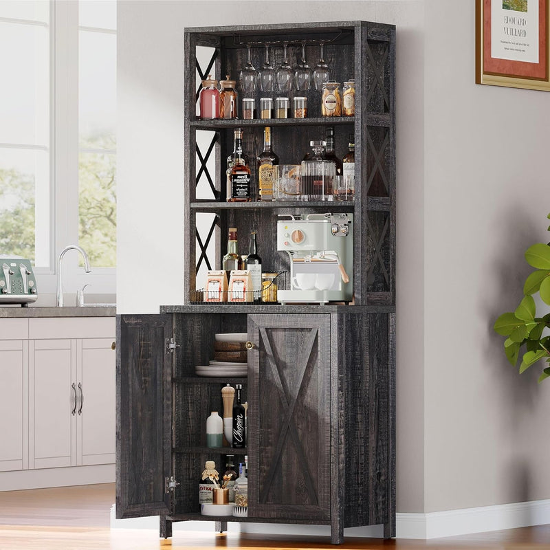 67" Tall Wine Bar Cabinet for Liquor and Glasses, Farmhouse Kitchen - Puck's