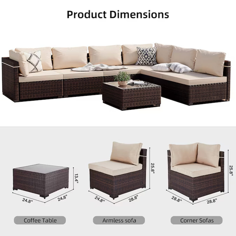 7 -Piece Rattan Patio Conversation Set with Beige Cushions - Puck's
