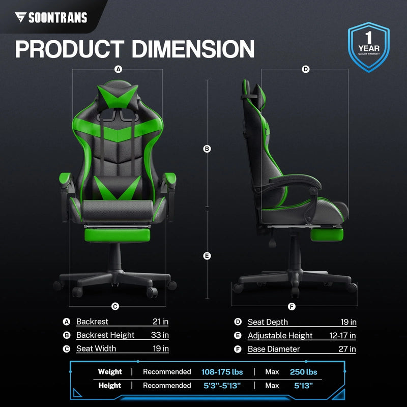 Gaming Chair Computer Chair with Footrest, Office Chair with Lumbar Massage Pillow, Racing Ergonomic Game Chair , Swivel Gamers Chair for Adults Kids, Green - Puck's