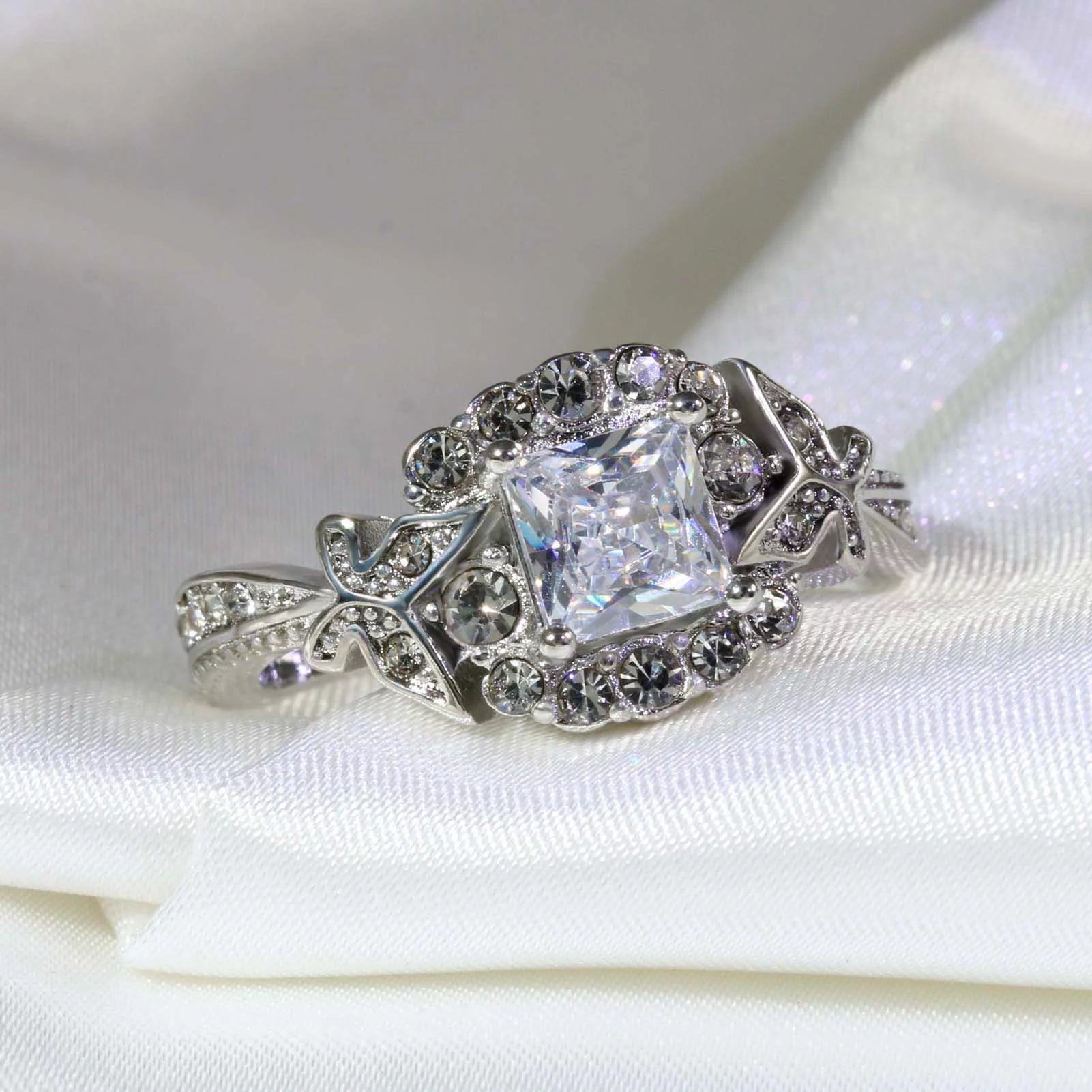 Matching Rings Couple Rings 10Kt White Gold Plated CZ Wedding Ring for Women Men Ring - Puck's