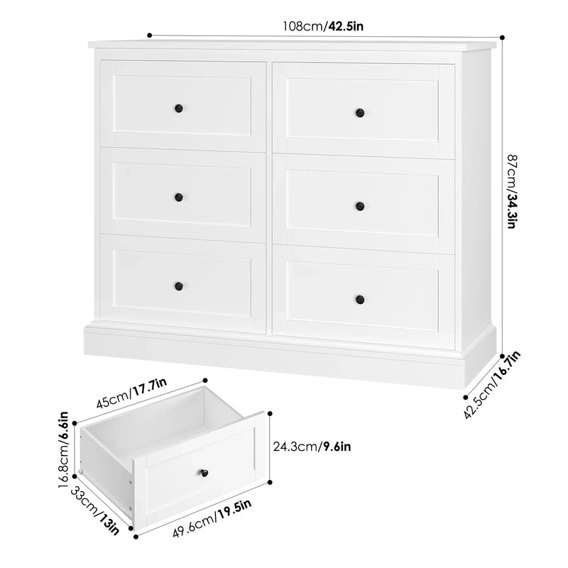 White Dresser with 6 Drawer , 42.5" Wide Double Dresser for Bedroom, Wooden Dresser Chest of Drawers - Puck's