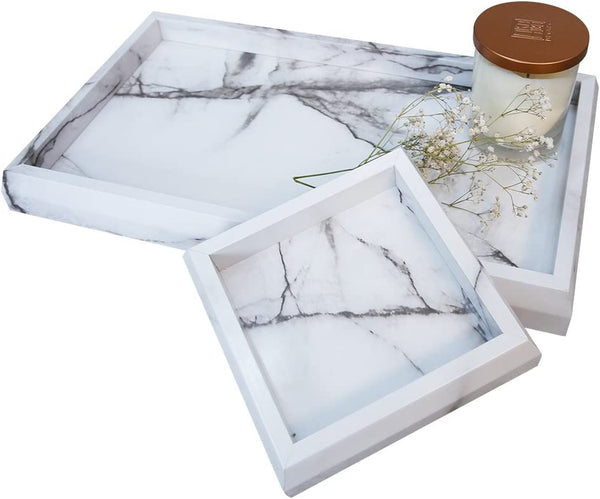 2 Pcs Marble Print Vanity Tray Set for Women, Marble Decor Catchall Tray for Entry, Faux Marble Perfume Tray Candle Tray, Cosmetics Storage, Jewelry Organizer (Wooden, Marble White) - Puck's