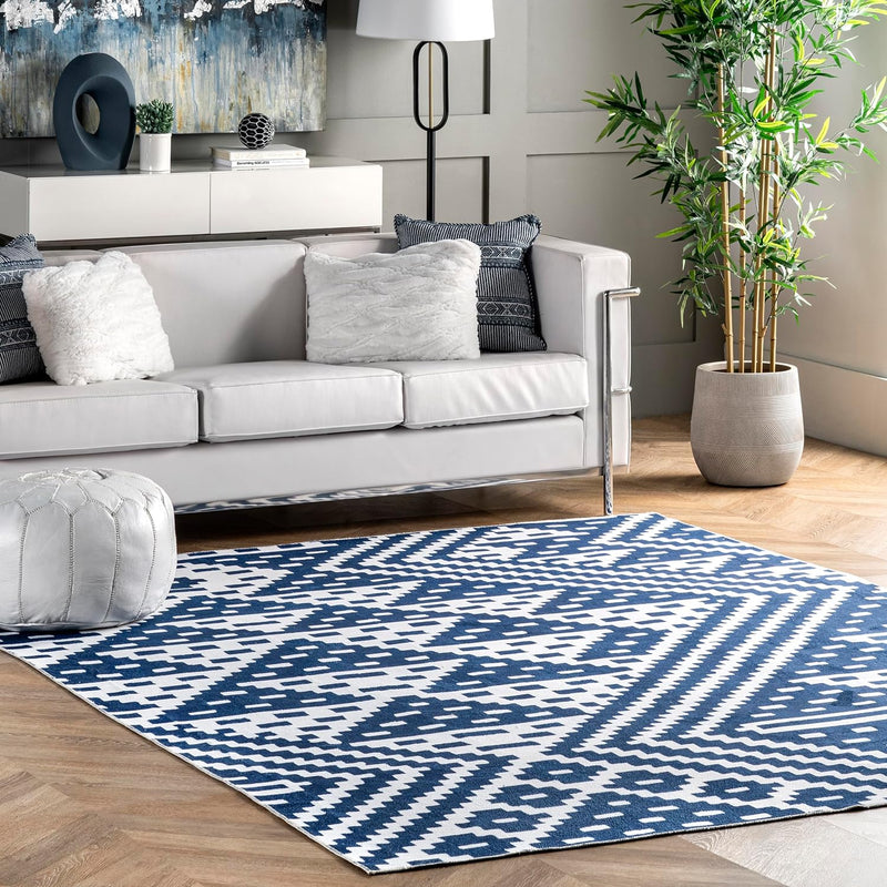 Chiara Machine Washable Modern Geometric Ultra Thin Area Rug, 7' X 9', Navy - Puck's