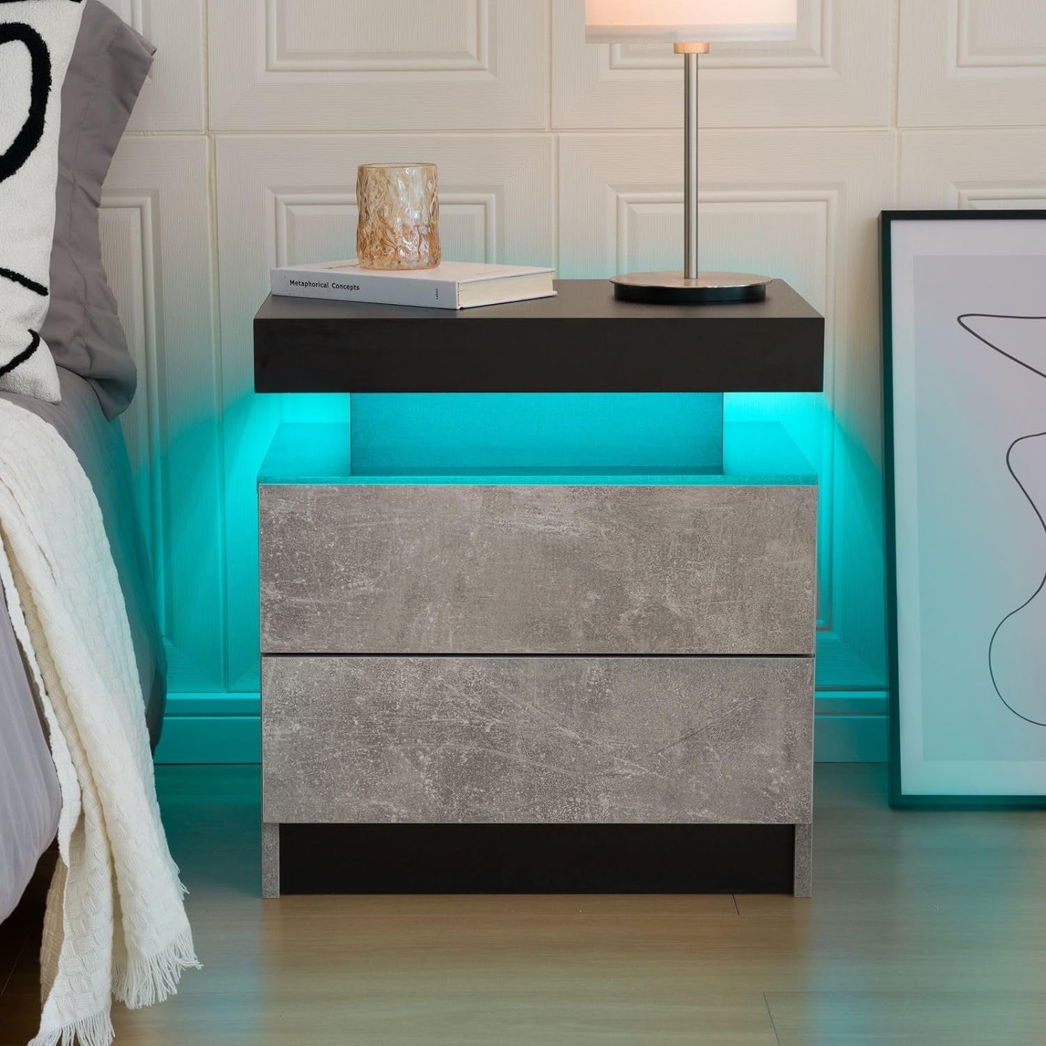 Bedside Table with 2 Drawers, LED Nightstand Wooden Cabinet Unit with LED Lights for Bedroom, End Table Side Table for Bedroom Living Room, Grey - Puck's