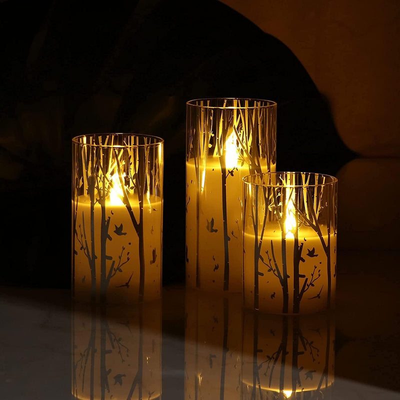 Birch Design Glass Battery Operated LED Candles with Timer, Flameless Pillar Candles Spring & Summer Decor- Include 6 Batteries - Puck's