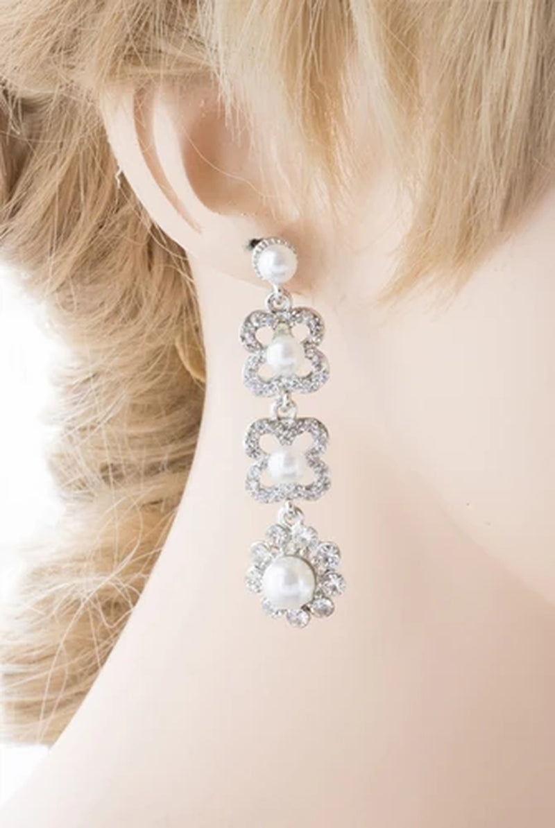 Bridal Wedding Jewelry Rhinestones Pearl Floral Earring - Puck's