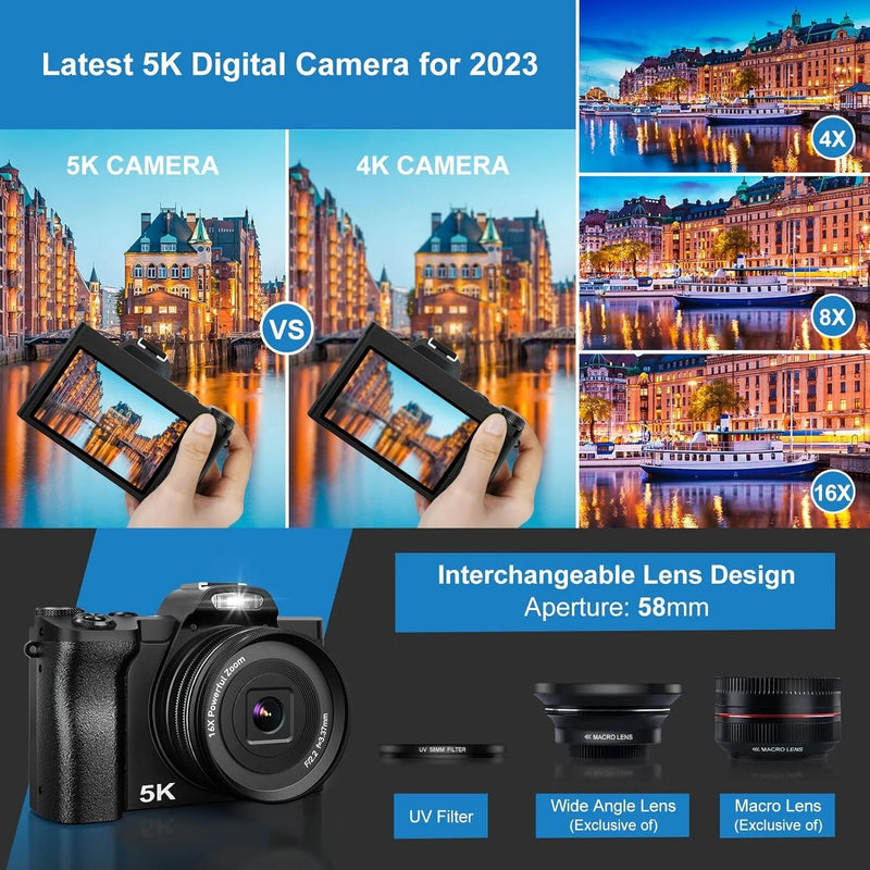 5K Digital Camera Autofocus 16X 48 MP Vlogging Camera for Youtube DSLR Video Cameras with 32G SD Card, Black