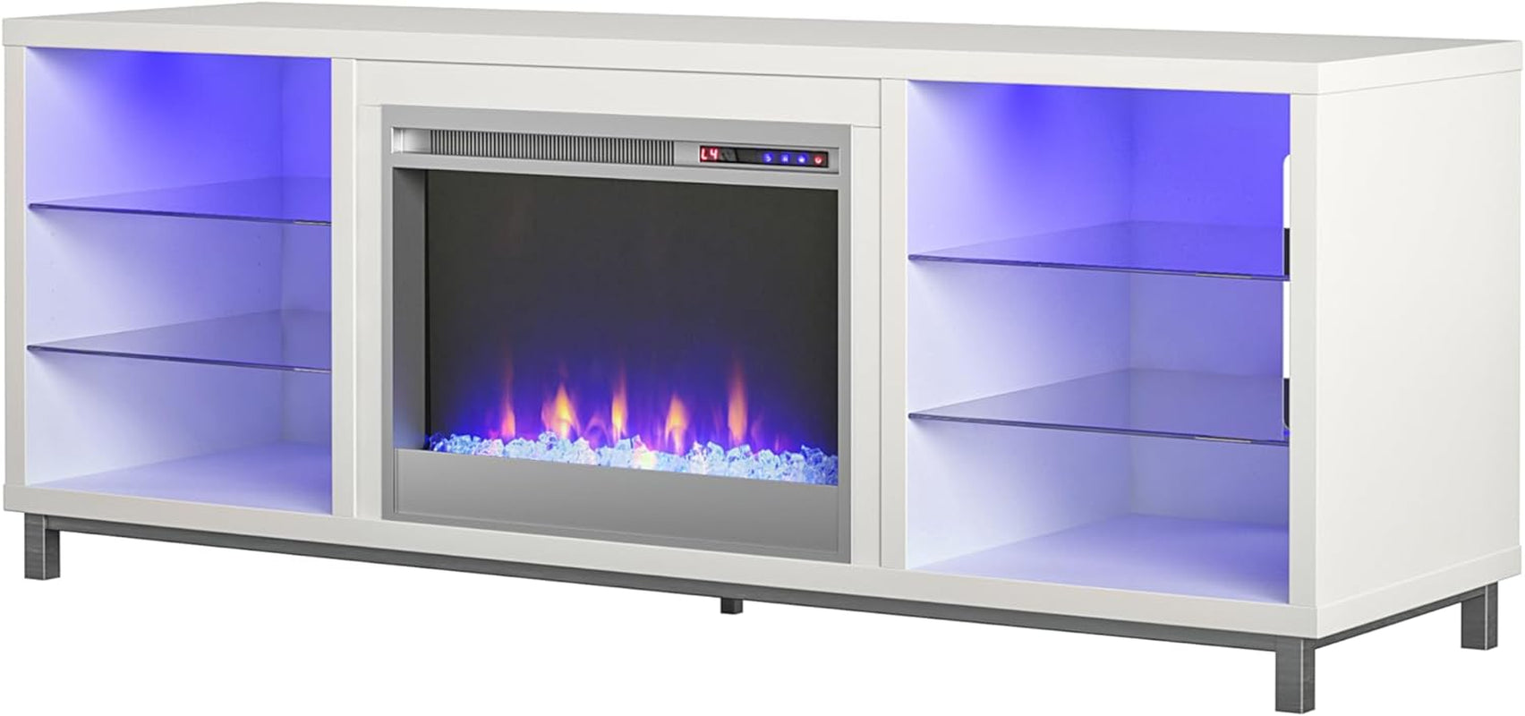 Lumina Fireplace TV Stand for Tvs up to 70 Inch, Replaceable Electric Fireplace Insert Heater, Remote Control, Timer, Color Changing LED Lights, Crystal Ember Flames, White - Puck's