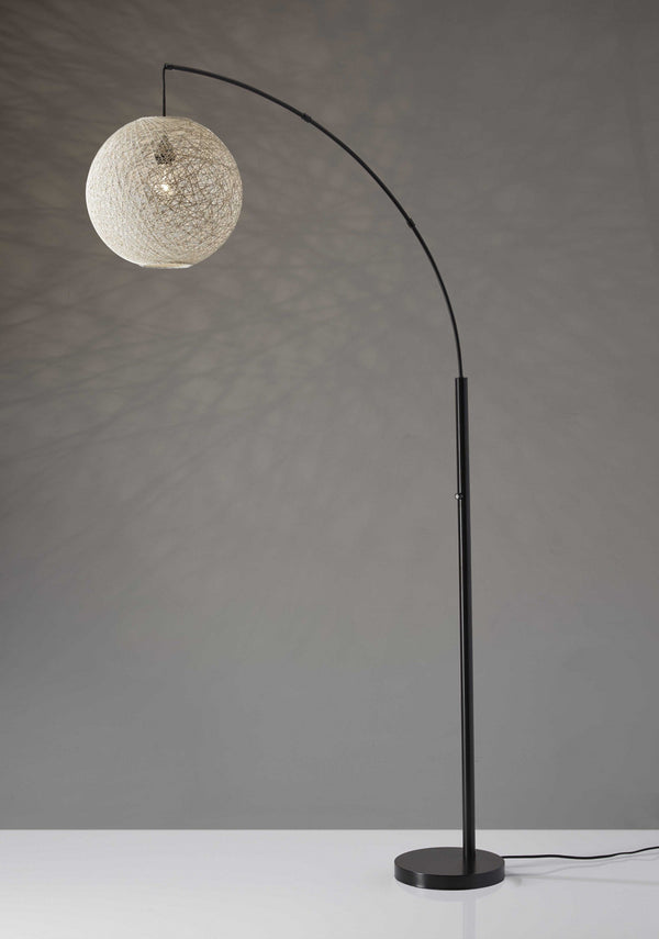 Floor Lamp with Bronze Metal Arc and Groovy Rattan String Ball Shade - Puck's