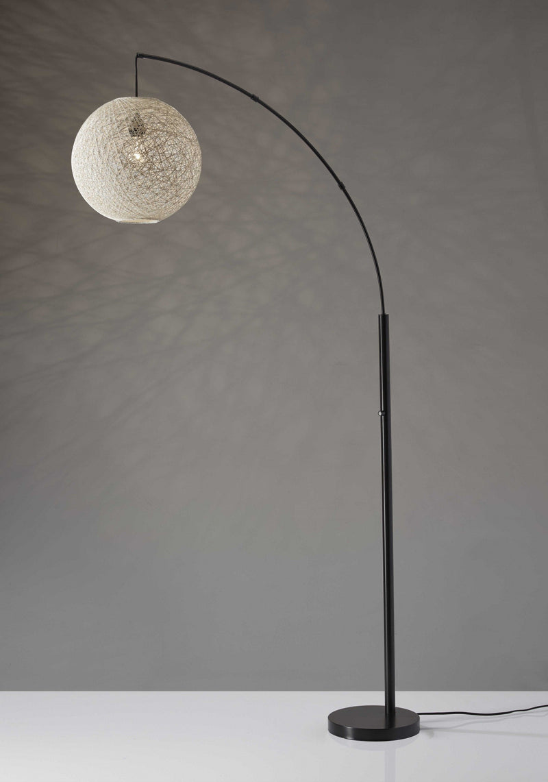 Floor Lamp with Bronze Metal Arc and Groovy Rattan String Ball Shade - Puck's