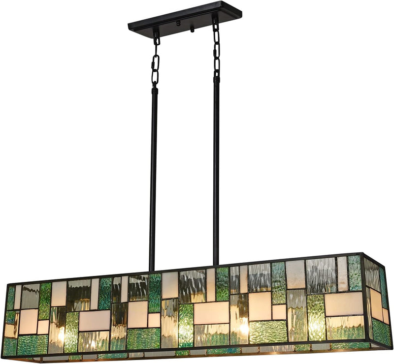 Tiffany Pendant Light Fixtures Pool Table Lights Hanging Chandelier 5 Light Rectangle Green Stained Glass Pendant Lamp for Dining Room Kitchen Island and Bars - Puck's