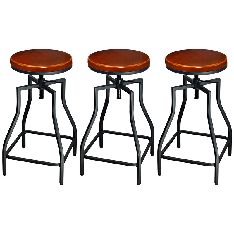 Industrial Adjustable Swivel Metal Kitchen Counter Stool with Wood Veneer Seat, Rustic Brown and Black, Set of 3 - Puck's