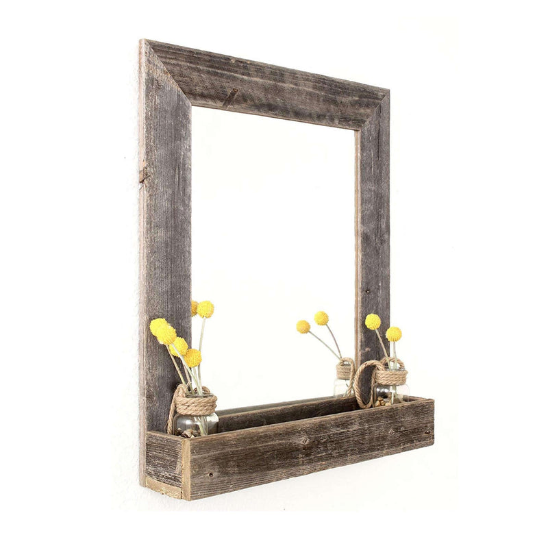 Rustic Weathered Gray Reclaimed Wood Plank Mirror with Shelf - Puck's