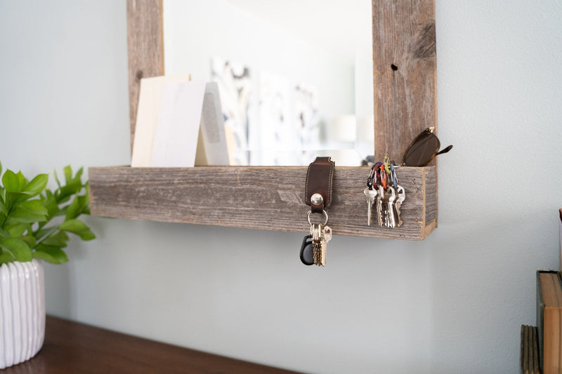 Rustic Weathered Gray Reclaimed Wood Plank Mirror with Shelf - Puck's