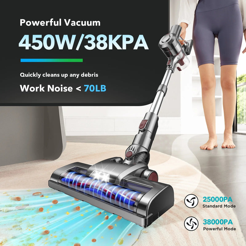 Cordless Vacuum Cleaner, 38000PA/450W 50Min 2500Mah for Home Pet Hair Carpet Wood Floor