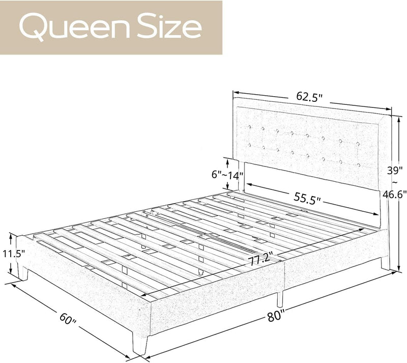 Queen Bed Frame, Upholstered Bed Frame with Adjustable Headboard, Button Tufted Platform Bed Frame / Mattress Foundation Noise Free / Wood Slat Support / No Box Spring Needed / Easy Assembly,Dark Grey - Puck's