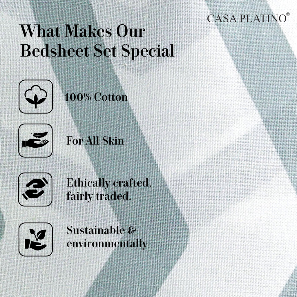 100% Cotton 3 Piece Pure Percale Twin Size Bed Sheets Set, Fits Mattress Upto 15" Deep - Cool Blue Chevron