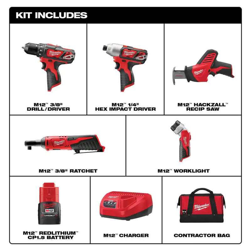M12 12V Lithium-Ion Cordless Combo Kit (5-Tool) with Two 1.5 Ah Batteries, Charger and Tool Bag - Puck's