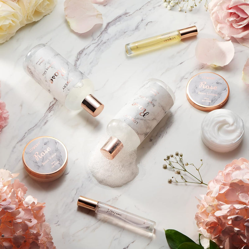 Birthday Gifts for Mom, Daughter Self Care Gifts for Women, Luxe 16Pc Rose Bath and Body Home Spa Set, Relaxation Bath Gift Basket for Birthday Pampering with Perfumes, Acne Kit, Lotions & More - Puck's