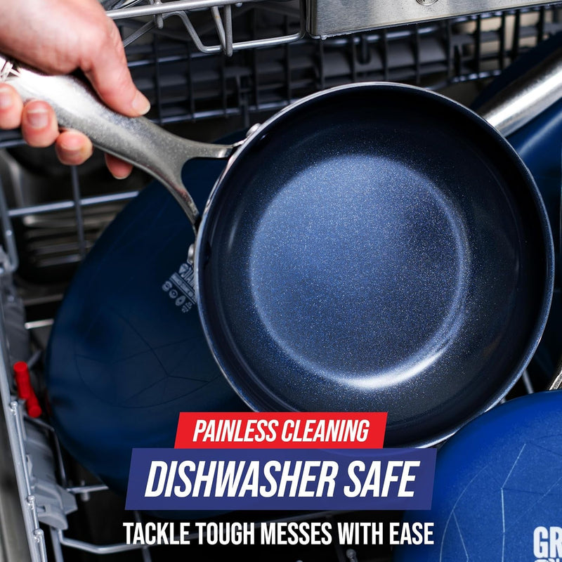 Cookware 10" Frying Pan Skillet, Diamond Infused Healthy Ceramic Nonstick, PFAS and Pfoa-Free, Dishwasher and Oven Safe, Even Heating, Metal Utensil Safe, Warp Control Base, Blue - Puck's