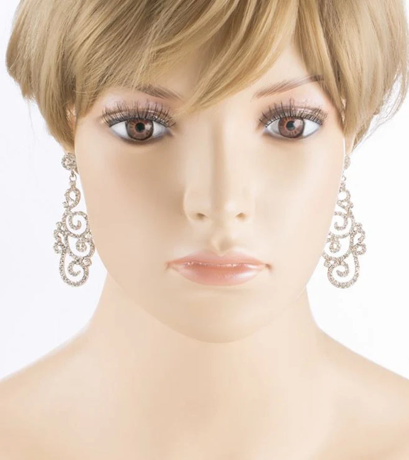 Bridal Wedding Crystal Rhinestone Swirl Vintage Dangle Earrings Silver - Puck's