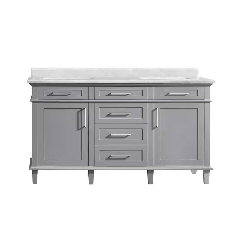 Sonoma 60 In. Dubbele Gootsteen Kiezel Grijs Bad Wastafel met Carrara Marmeren Bovenblad (Gemonteerd) - Puck's