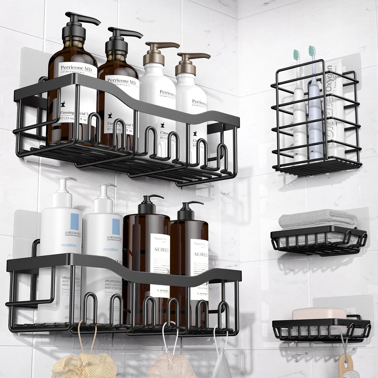 Shower Caddy, Shower Shelves 5 Pack, Adhesive Shower Organizer for Bathroom & Kitchen, No Drilling, Large Capacity, Rustproof SUS304 Stainless Steel Bathroom Organizer, Bathroom Accessories, Black - Puck's
