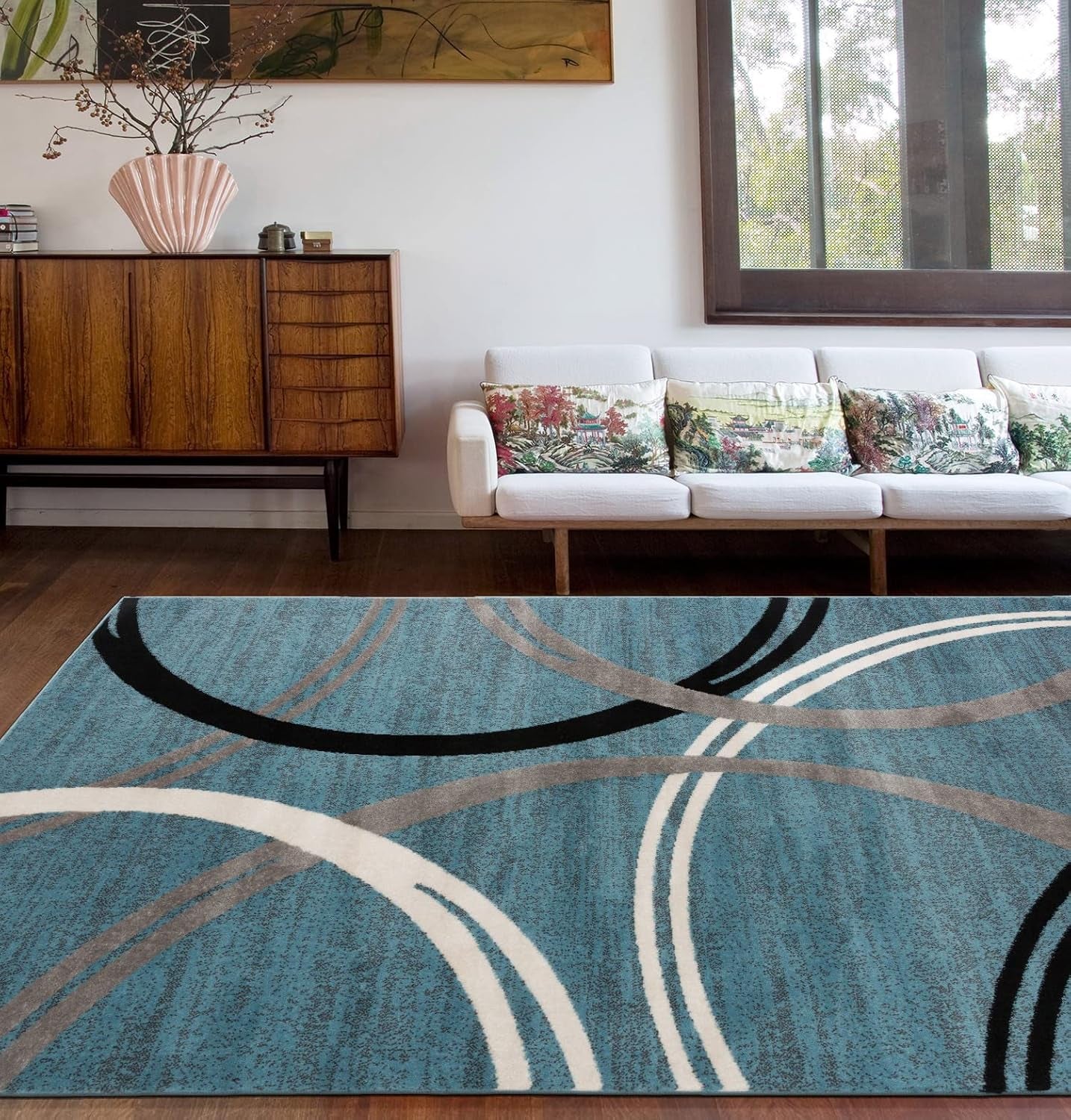Modern Wavy Circles Design Area Rug 6'6" X 9' Blue - Puck's
