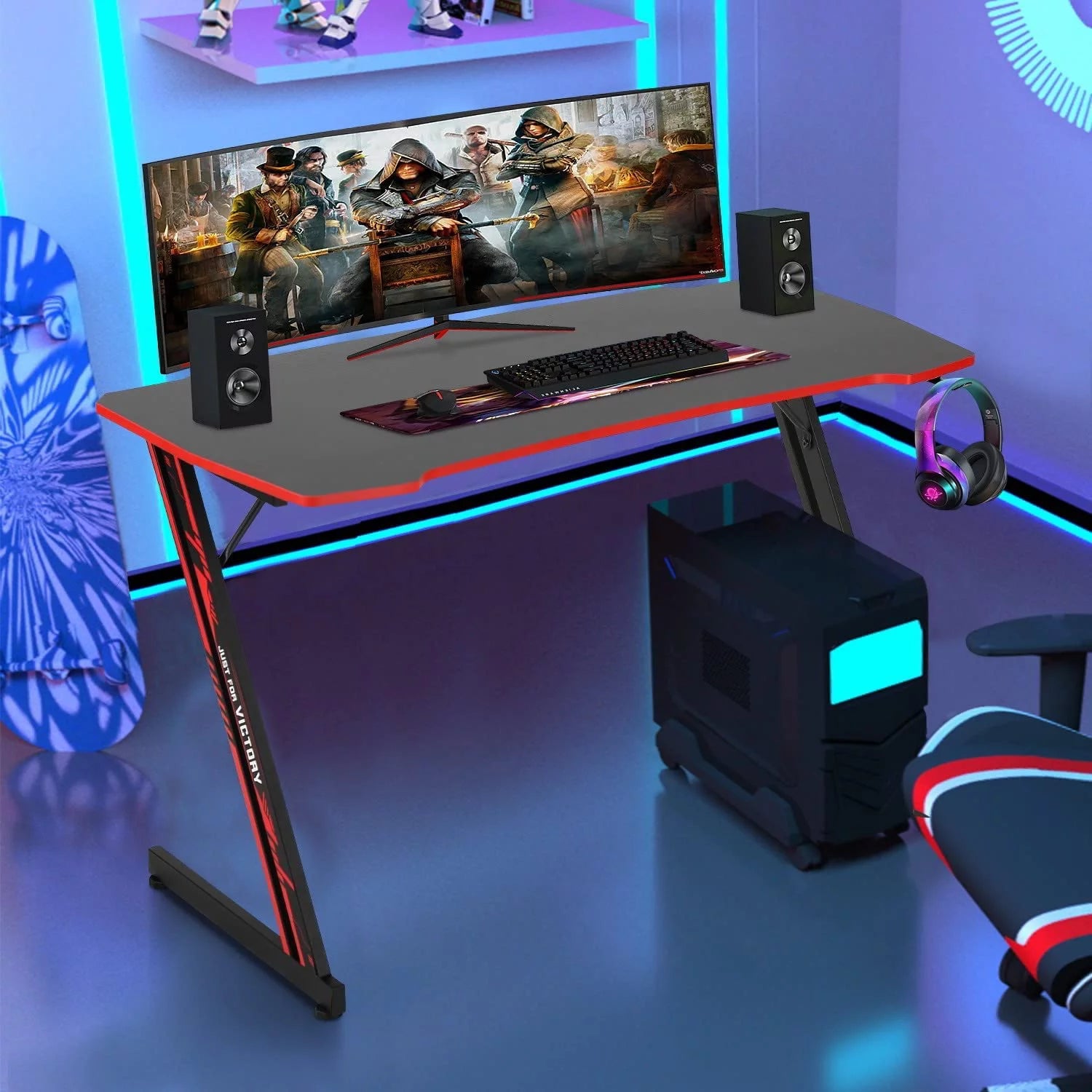 ncs 47 Inch Gaming Desk Z-Shaped Computer Desk Home Office Desk with Headphone Hook, Red - Puck's