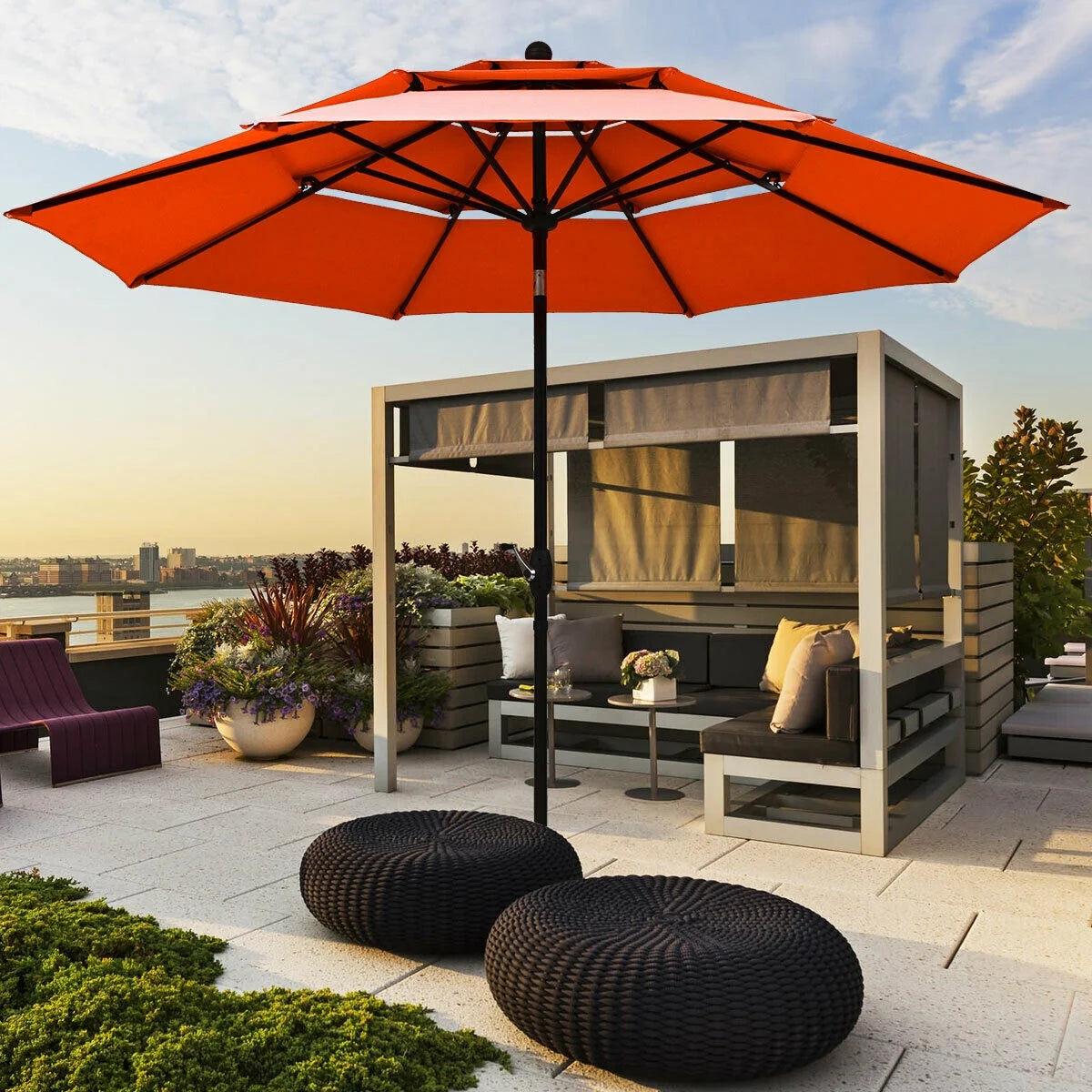 10Ft 3 Tier Patio Market Umbrella Aluminum Sunshade Shelter Double Vented Orange - Puck's