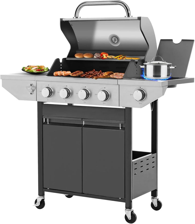 4-Burner Propane Gas Grill with Side Burner, 46700 BTU Porcelain-Enameled Cast Iron Grates Outdoor Cooking Stainless Steel BBQ Grills Cabinet, Black