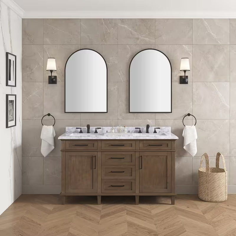 Sonoma 60 In. Dubbele Wastafel Almond Latte Badmeubel met Carrara Marmeren Bovenblad (Gemonteerd) - Puck's