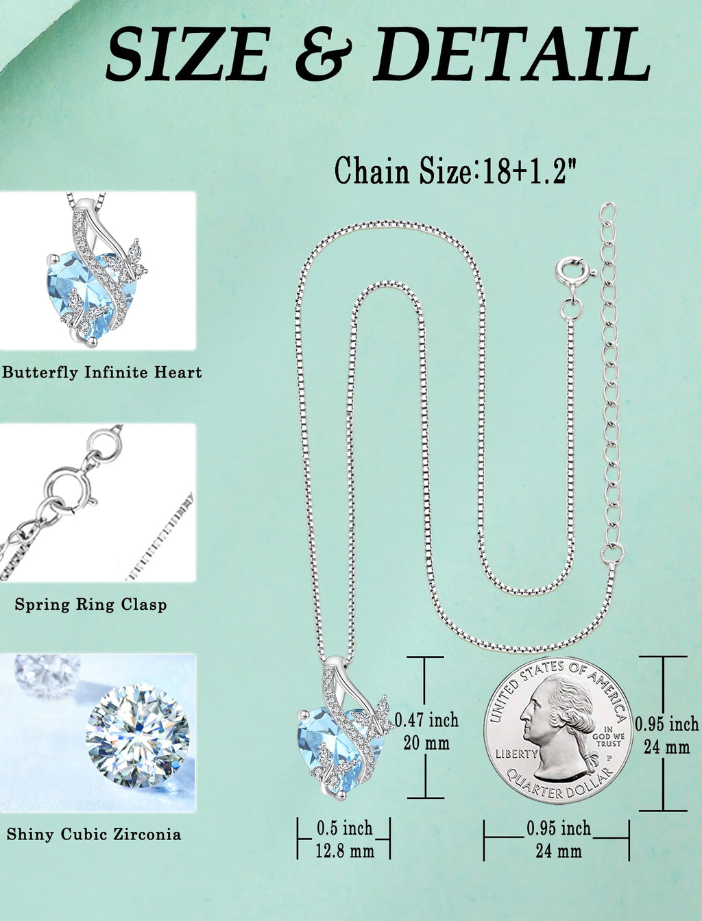 Infinite Heart Pendant Sterling Silver Butterfly Necklace for Women Jewelry Gift with Birthstone March Created Aquamarine - Puck's