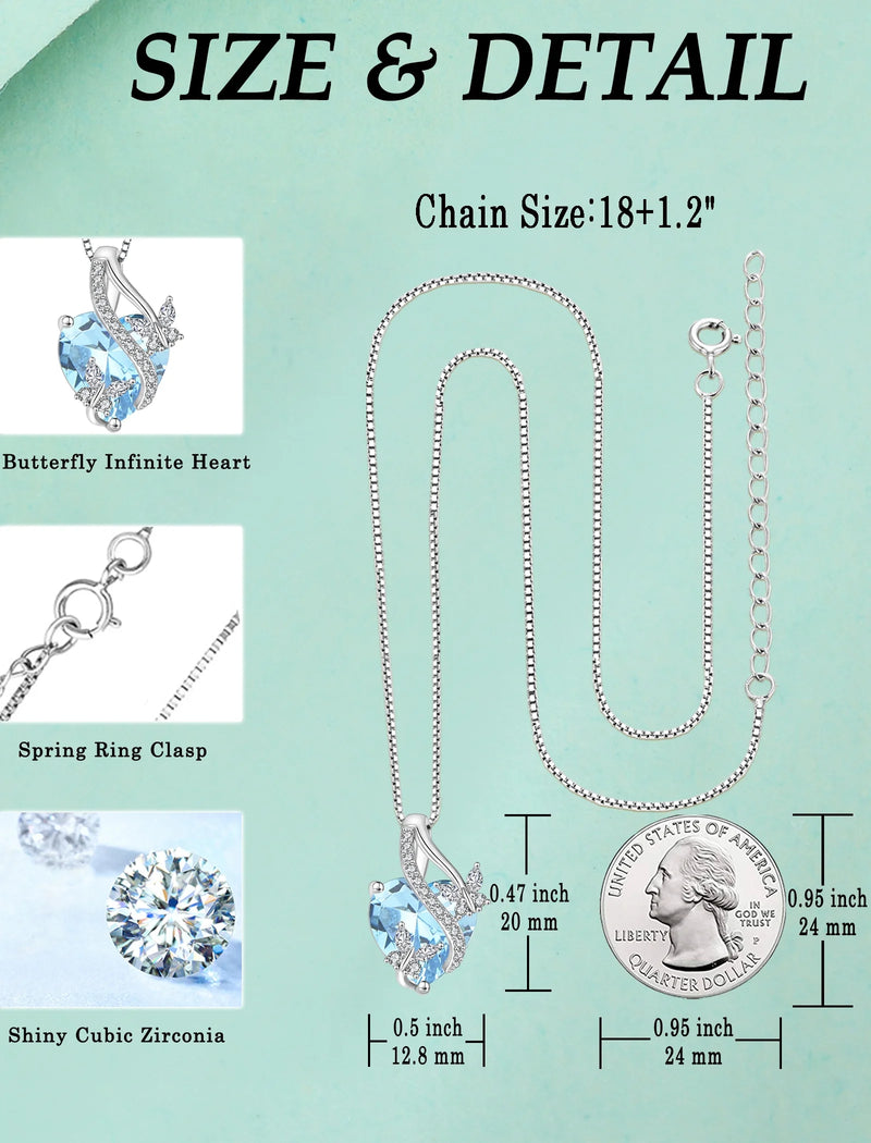 Infinite Heart Pendant Sterling Silver Butterfly Necklace for Women Jewelry Gift with Birthstone March Created Aquamarine - Puck's